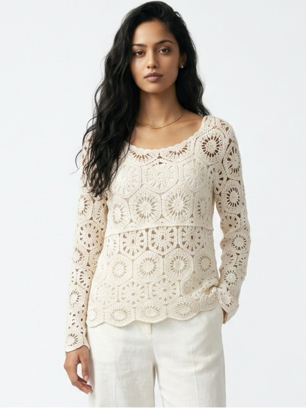 Ultra Pink Womens Medium Cream Crochet‎ Knit Floral Medallion Boho Top Sweater